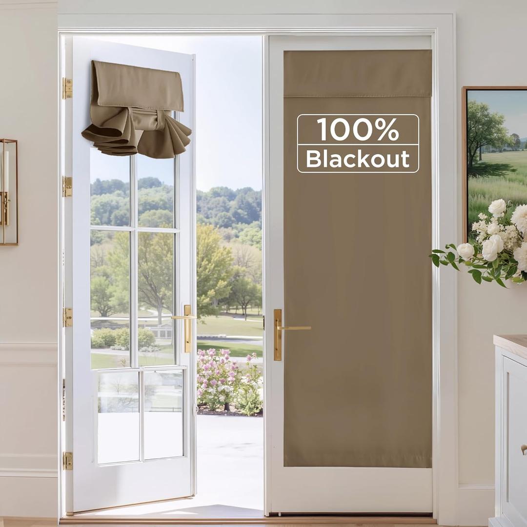 RYB HOME 100% Blackout French Door Curtain - Door Window Curtains Room Darkening No Coating Thermal Insulated Privacy Protection Adhesive Cover for Glass Window, W 26 x L 72, 1 Panel, Mocha
