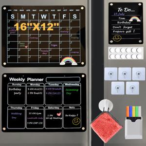 2025 Acrylic Board for Fridge Black Magnetic Calendar for Refrigerator Dry Erase,Weekly and Monthly Planner Magnet Chalkboard Set with 5 Markers, Pen Holder