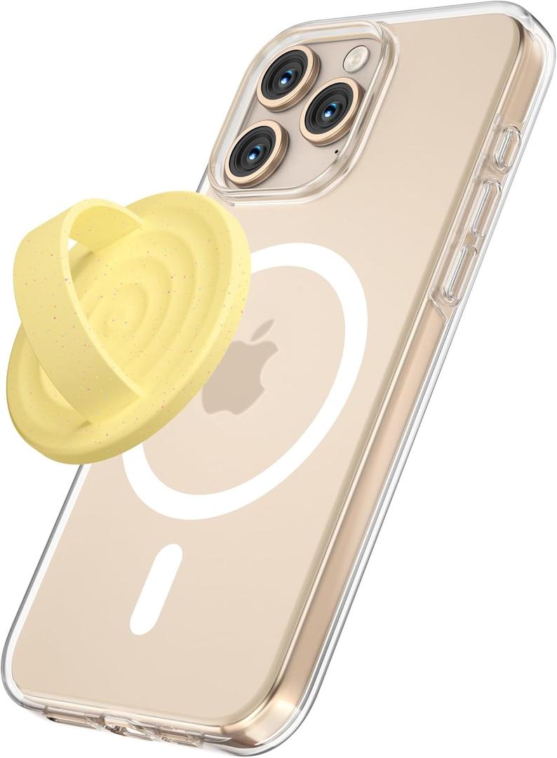 Magnetic Phone Grip Holder Compatible with MagSafe, Ultra Thin Silicone Finger Loop Ring Magnetic Grips for Back of Phone for iPhone Pro Max/Plus/16/15/14/13/12 Series, Yellow Sparkle