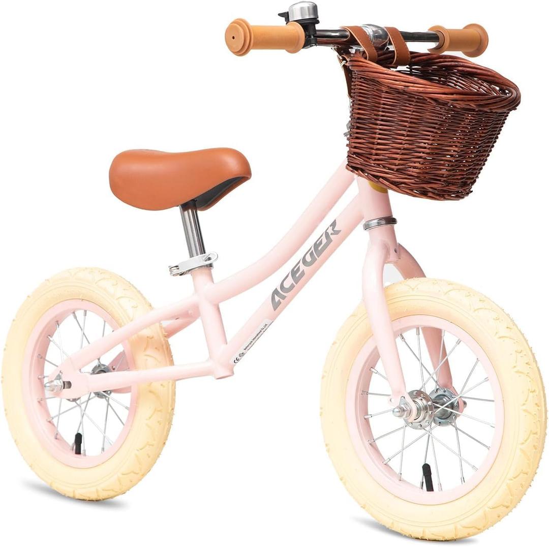 ACEGER 12" Kids Balance Bike with Basket, Toddler Bicycle for Early Learning Leg Strength and Steady Balancing, Durable Frame&Tool-Free Adjustable Seat, Gift Bike for 2-5 Kids, No Brake
