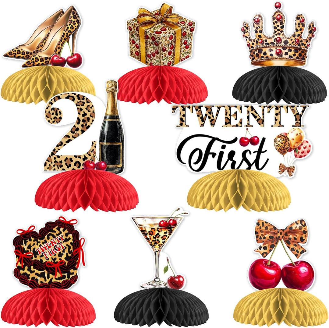 Cheetah Cherry 21st Birthday Honeycomb Centerpieces 8pcs for Women Twenty First Birthday Decor Leopard Cheery Table Decor Cheetah Leopard Print Bow Safari Jungle Wild Animal Anniversary Party Supplies