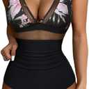 SUUKSESS Women Sexy Mesh Tummy Control Swimsuit Push Up High Waisted Bathing Suit XL