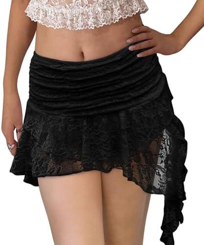 Kolagri Women Y2K Lace Mini Skirt Low Rise Pleated Ruffle Short Skirts Layered Flowy Asymmetrical Fairy Half Slip Skirt Large