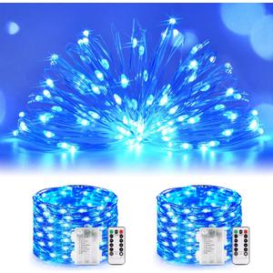 JMEXSUSS 2 Pack Fairy Lights Battery Operated, Total 200 LED 66ft Blue String Lights Waterproof with Remote Timer, Blue Christmas Lights for Bedroom Indoor Outdoor Wedding Party Xmas Tree Decor