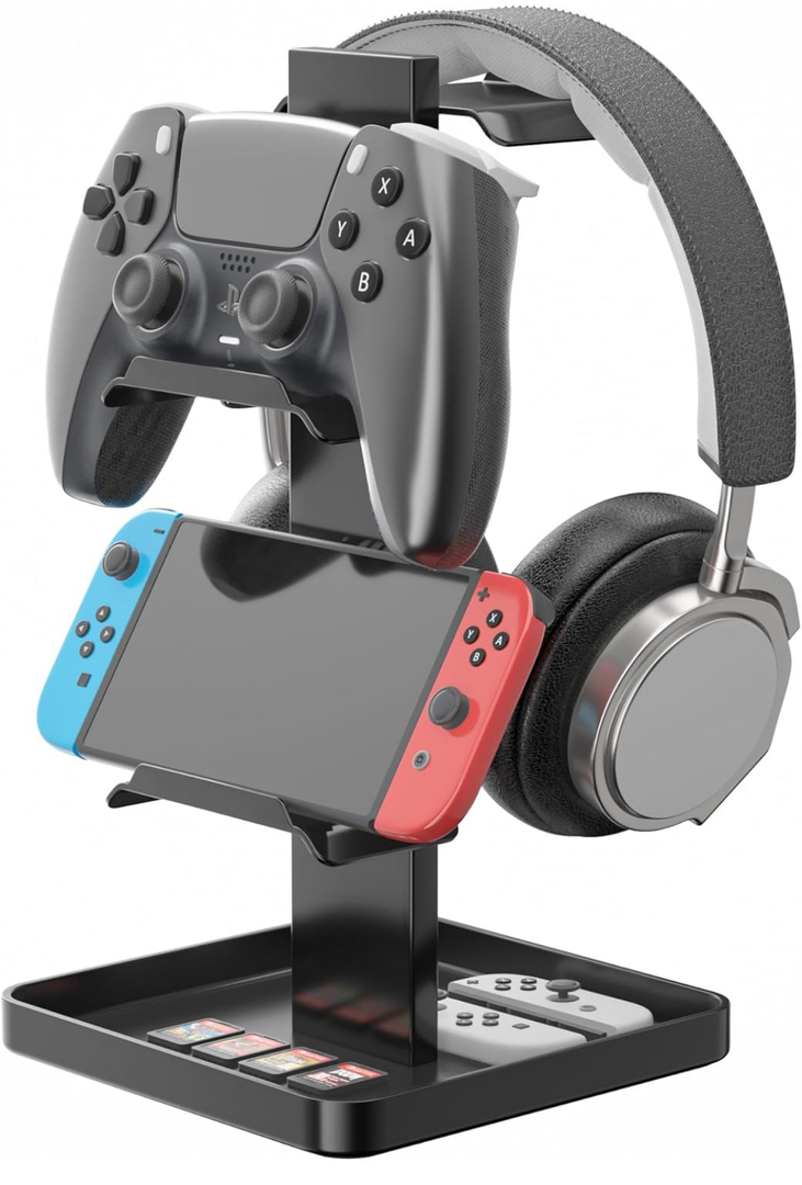 Upgraded Headphone Stand & Controller Holder – Metal Headset Hanger with Bottom Storage for Headphones, Game Controllers of Switch, iPad, PS5/PS4,and Mobile Devices