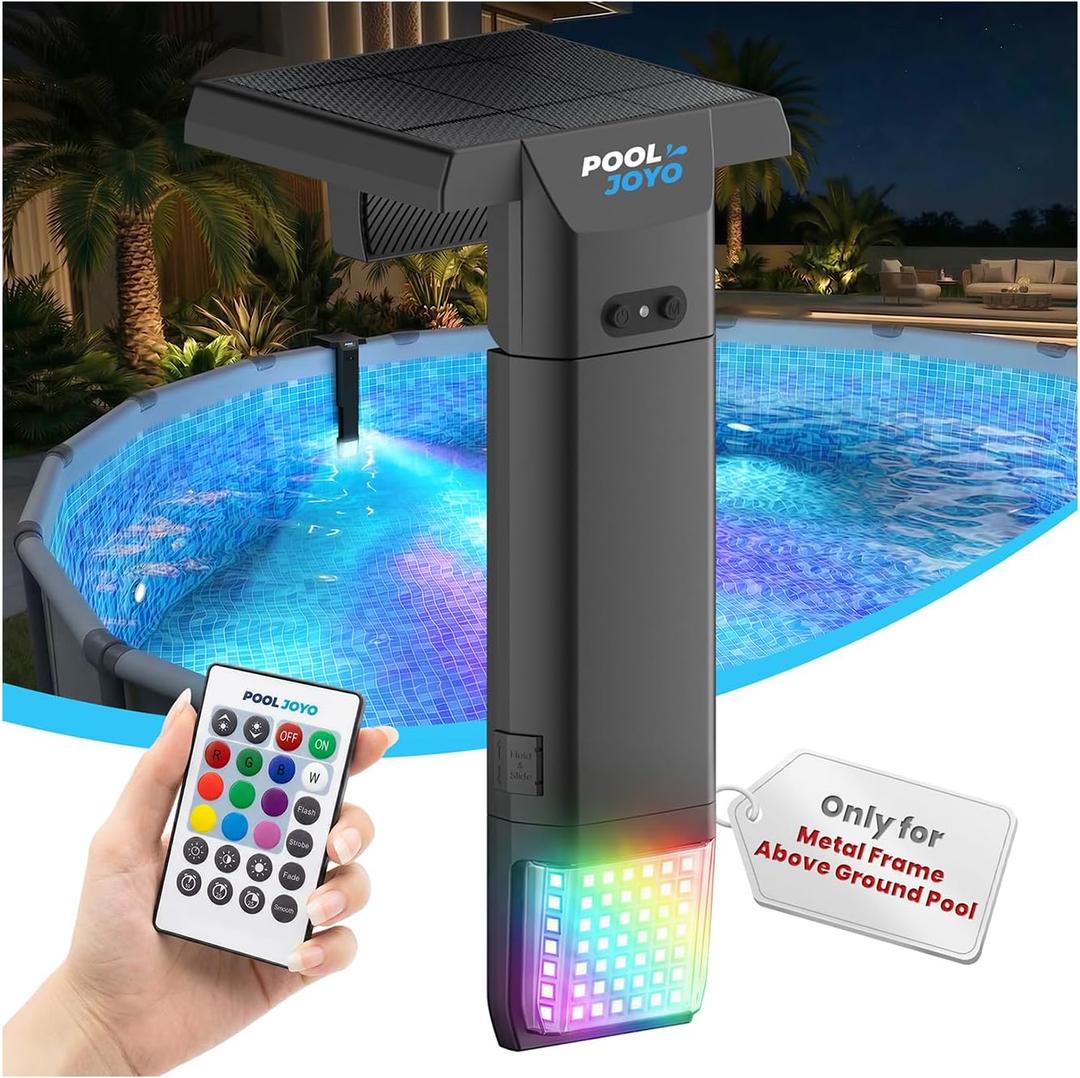 Solar Pool Lights Only for Metal Frame Above Ground Pools, 1.713.9 Top Rails, Remote Control, Brighter 3-Sided 180 Underwater Glow, 10 Colors 4 Modes, IP68 Waterproof1 Pack