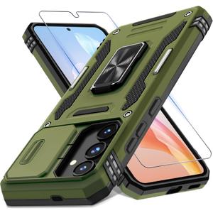 DEERLAMN Case for Samsung Galaxy S25 6.2-Inch with Slide Camera Cover+Screen Protector (1 Pack), Rotated Ring Kickstand Military Grade Shockproof Protective Cover-Olive Green