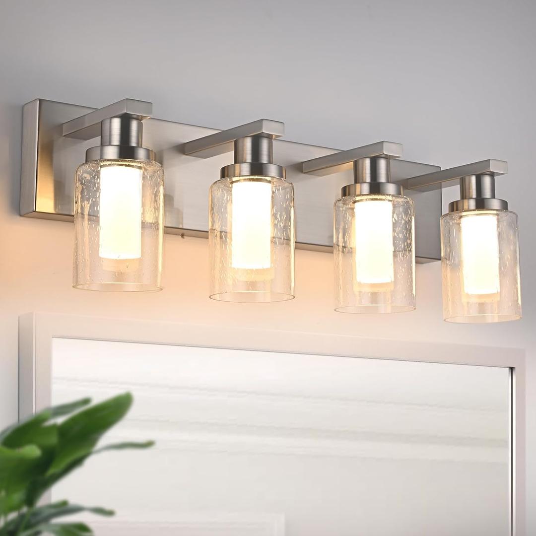 4-Light 5CCT LED Bathroom Light Fixtures in Brushed Nickel, Modern Vanity Lighting with Seeded Glass Shade & Build-in LED, Wall Mounted Sconce Over Mirror for Kitchen Bedroom Dressing Table