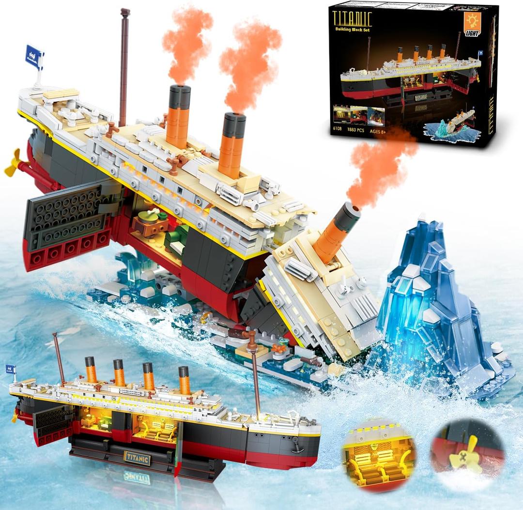 Titanic Building Set with Light, 2 in 1 Titanic Ship 3.6mm Mini Building Block 1883 PCS, Ship Model with Glacier Display Stand, Building Brick Toy Gift for Adults Teens Boys Girls 10 11 12+