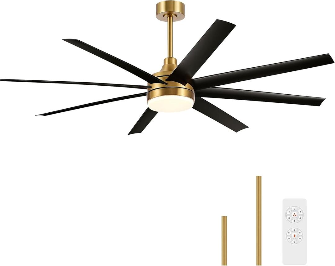 65 Inch Ceiling Fan with Light and Remote, 8-Blade, Reversible DC Motor, 6-Speed, Timer, Industrial Ceiling Fans with Led Light Chandelier for Bedroom Office (Gold & Black)