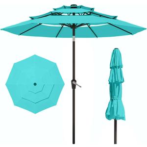 Patio Kingdom 10FT Patio Umbrella 3 Tiers Outdoor Market Umbrella w/Push Button Tilt, Crank, UV and Waterproof Table Umbrella for Garden, Pool, Backyard, Deck, Lawn, Aqua Blue
