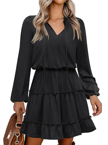 Caracilia Long Sleeve Dress for Women Fall 2025 Casual V Neck High Waist Tiered Ruffle Aline Swing Tunic Short Mini Dresses Black Small