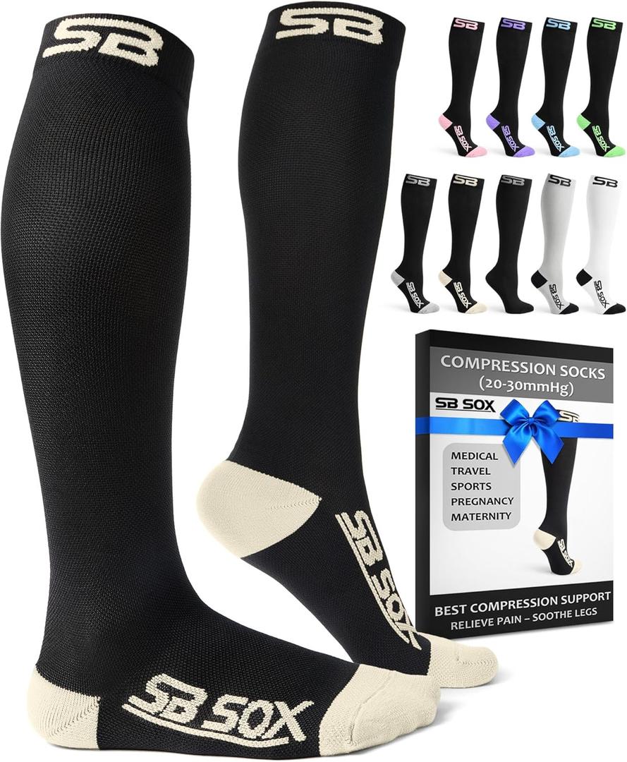 SB SOX Compression Socks for Men & Women (20-30 mmHg) - Best Support Stockings for Travel, Medical, and Sports - Perfect for Everyday Wear (Medium, Black/Beige)