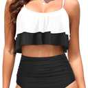 Tempt Me High Waisted Bikini Two Piece Swimsuits Tummy Control Bathing Suit Ruffle Ruched Swimwear (Large, White and Black)