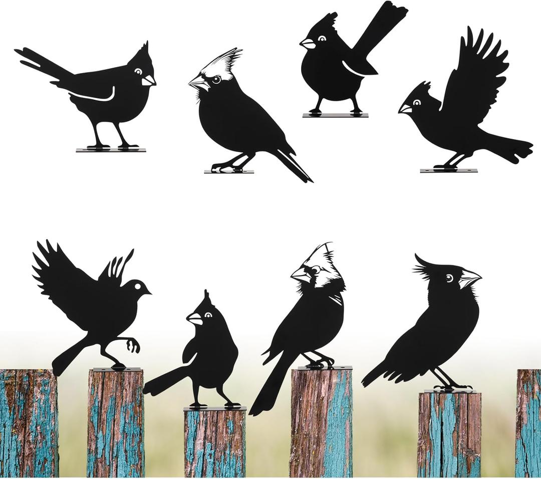 Shimeyao 8 Pcs Metal Bird Cardinal Garden Decor Outdoor Black Metal Birds Cardinal Gifts Yard Art Figurine Silhouette Statues Ornaments Christmas Decorations