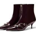 Coutgo Womens Buckle Strap Ankle Booties Kitten Low Heel Pointed Toe Y2K Boots Side Zipper Fall Shoes, Burgundy, Size 7