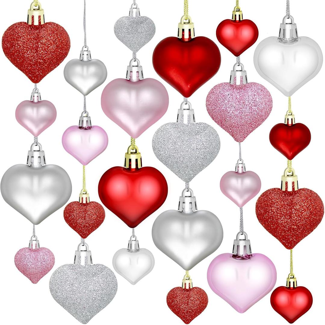 ZMCINER 36PCS 2 Sizes Heart Ornaments Valentine Ornaments for Tree Decorations, Valentine Day Ornaments for Heart Decorations (3 Colors)