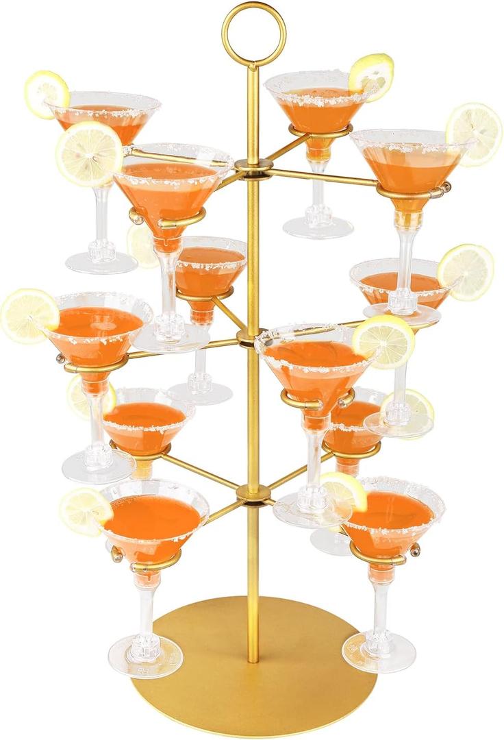 QPIX DIGITAL Champagne Tower,Metal Cocktail Tree Stand 3 Tier - 12 Holders For Champagne, Cocktails, Martini, Margarita Cups at Weddings,Bridal Parties & Events,Cocktail Glass Gold Holder