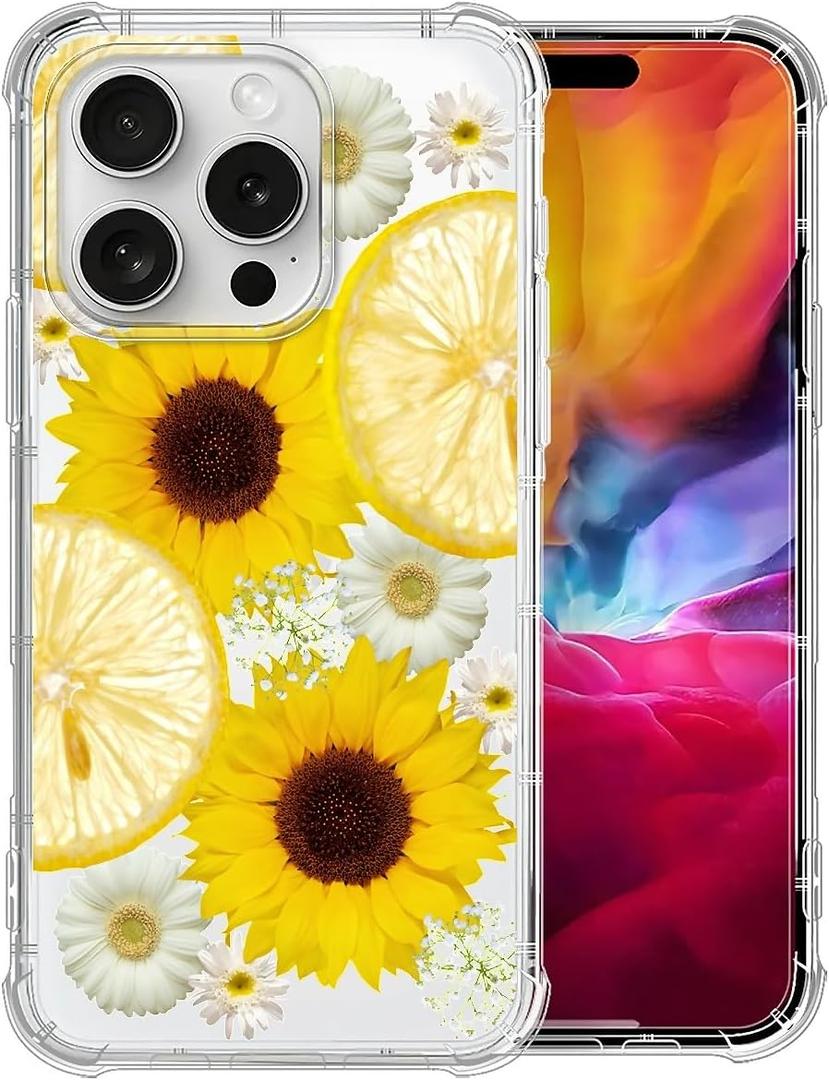 2 x Compatible with iPhone 16 Pro Max Case,Soft TPU Transparent Shockproof Protective Cover Clear Case for iPhone 16 Pro Max,Lemon Sunflower
