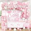 Pink Bow 1st Birthday Decorations, 271Pcs Girls Just Wanna Be One Birthday Decorations All-in-1 Kit with Tableware,Balloon Arch,Backdrop,Banner,Balloon Boxes,High Chair Banner,Cupcake Toppers,1st Hat