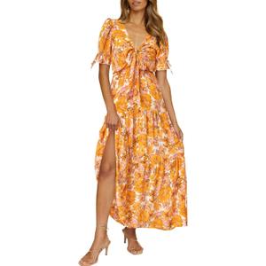 BTFBM 2025 Womens Summer Boho Dress Tie Front Deep V Neck Cutout Short Sleeve Casual Party Floral Beach Maxi Dresses (Small, Big Floral White Yellow)