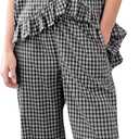 Womens Gingham Pajama Set 2 Piece Short Sleeve Babydoll Shirt and Pants Lounge Set Cute Sleepwear M