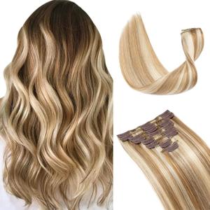 Hairro 100% Human Hair Clip in Extensions Thin 10 Inch Short Straight Golden Brown Mix Bleach Blonde Human Hair Clip on Hairpieces 50g Machine Weft 8pcs 18 Clips for Women #12/613