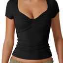 QINSEN Women's Sexy Twist Front V Neck T Shirts Double Lined Short Sleeve Slim Fit Crop Top Trendy Y2K Tops Tee (Large, Black)