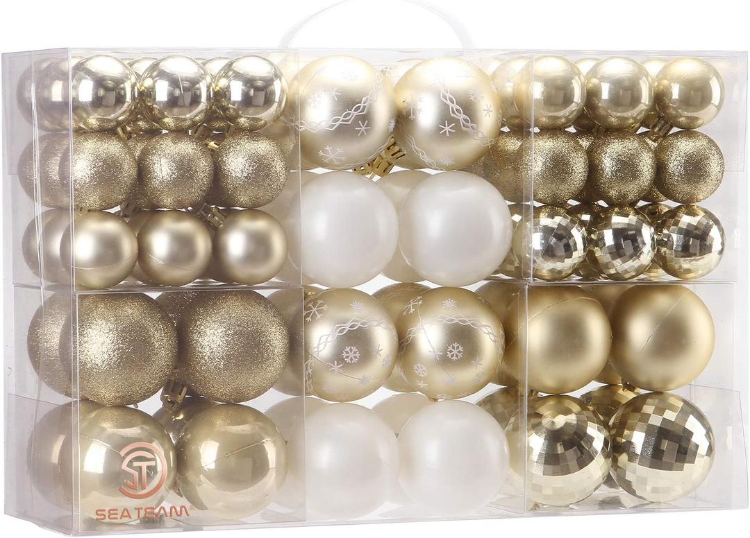 Sea Team 86-Pack Shatterproof Gold Christmas Ball Ornaments Set, Assorted Multi-Sized Hanging Baubles, Xmas Tree Decorations, Seasonal Dcor for Holiday Wreath Garland, Hooks Included