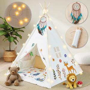 Teepee Tent for Kids with Lights, Kids Play Tent Indoor with Thicked Mat & Dream Catcher, Toddler Tent with Storage Pockets and Mesh Window for Reading Nook and Imaginative Games (White)