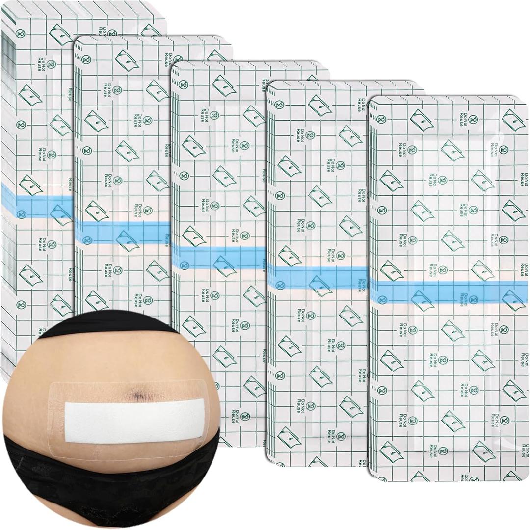 C-Section Waterproof Abdominal Incision Bandages Post Hysterectomy Tummy Tuck Shower Protector Scar Cover with Protective Pad Patches Island Dressing Tapes Large Wound Care Supplies 4x12 Pack of 14