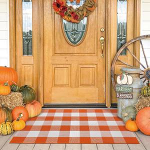 KOZYFLY Buffalo Plaid Rug 27.5x43 Inches Orange and White Checke Rug Halloween Fall Door Mat Cotton Washable Area Rugs Door Mat Outdoor Entrance for Front Porch Entryway Fall Farmhouse