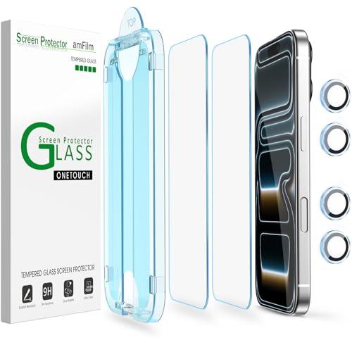 amFilm OneTouch Screen Protector for iPhone 17 Pro 6.3'' + Camera Lens Protector | Auto-Alignment Install | Bubble Free | 9H Tempered Glass | Shatterproof | FHD Clarity | Case Friendly | 2+4 Pack, Set of 2