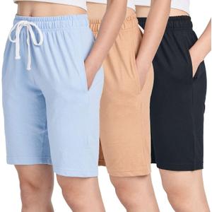 Real Essentials 3 Pack: Womens Cotton Terry Jersey 9" Bermuda Shorts Pockets-Casual Lounge Yoga, (Small, Set 5)