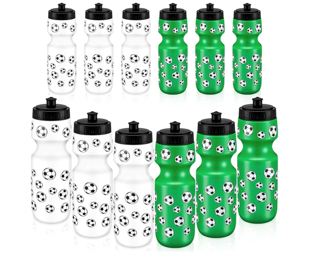 Pack of 12 Water Bottle Bulk Reusable Sports Squeeze Water Bottles Ball Cup Accessories for Sports Party Favors Team Gifts Players for Gym Most Bike Cage (Soccer)