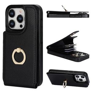 Folosu Compatible with iPhone 15 Pro Case Wallet with Card Holder, 360°Rotation Finger Ring Holder Kickstand, RFID Blocking Leather Protective Double Buttons Shockproof Cover 6.1 Inch Black