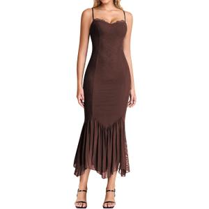 KUTUMAI Women Bodycon Long Formal Dress Asymmetric Hem Lace Neck Wedding Guest Cocktail Maxi Dresses (Brown, M)