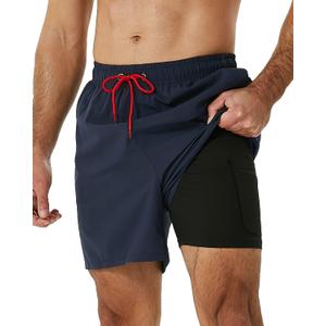 SILKWORLD Mens Swimming Trunks with Compression Liner 2 in 1 Quick-Dry Swim Shorts with Zipper Pockets (Large, Navy)