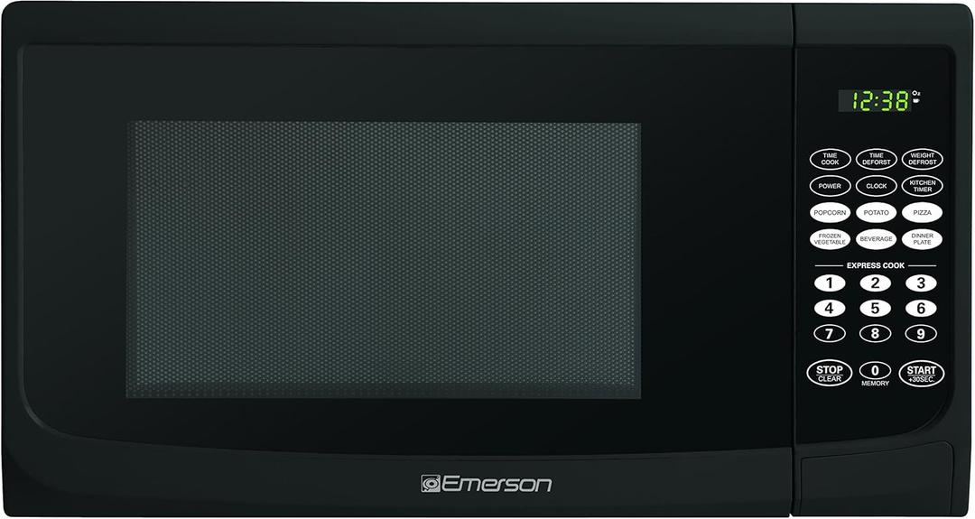 Emerson MW9255B Compact Countertop Microwave Oven with Push Button Control, LED Display, 900W, 5 Power Levels, 6 Auto Menus, Glass Turntable and Child Safe Lock, 0.9 Cu. Ft., Stainless Steel