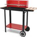 Charcoal Grill, Outdoor BBQ Portable Grill with Side Table and Wheel, Folding Grill for Outdoor Cooking Camping Garden (Red)