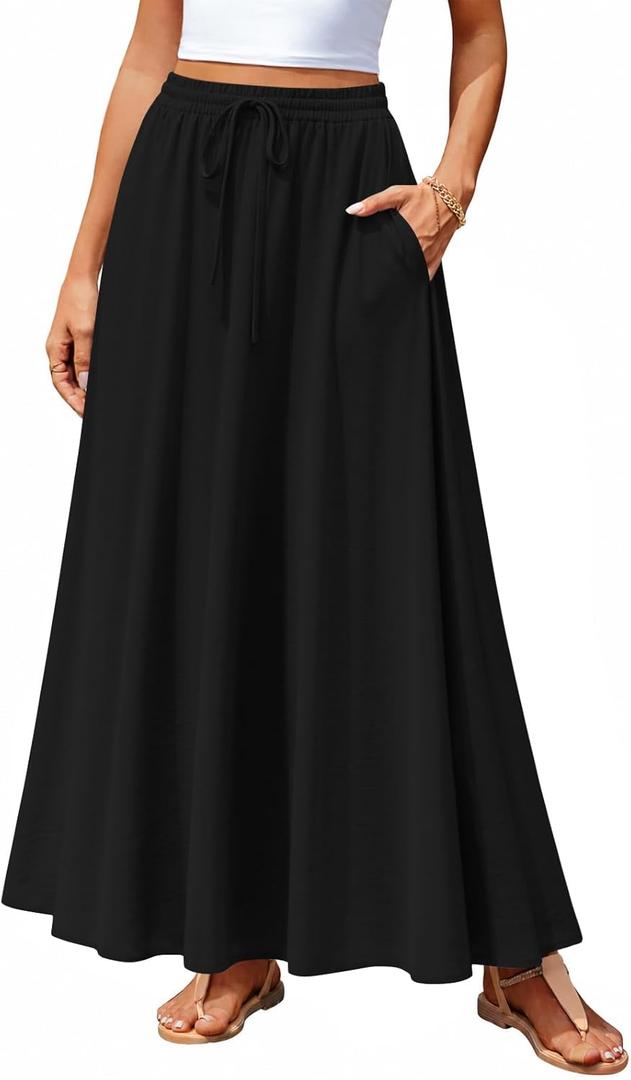 Aodemo Women's Flowy Maxi Skirt Summer Boho Pleated Elastic Waisted Casual Beach Long Skirts with Pockets, Large