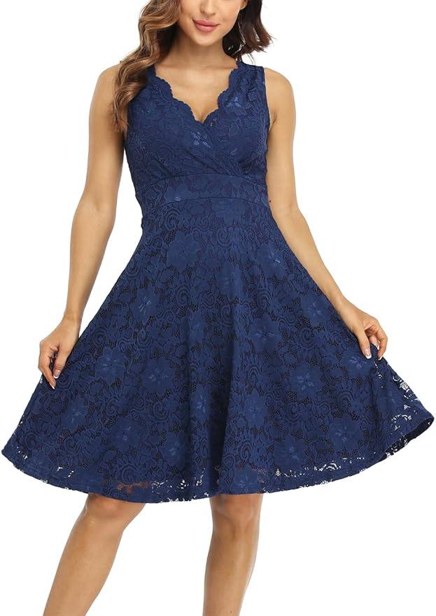 MISS MOLY Women's Floral Lace Overlay Fit and Flare Dress Sexy V-Neck Knee Length Elegant Party Wedding Dress, Large