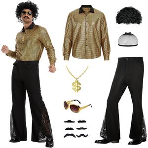 6 Pcs 70s Disco Outfit Costume for Men Dance Bell Bottom Pants Retro Shirts Moustache Sunglasses Wigs Necklace