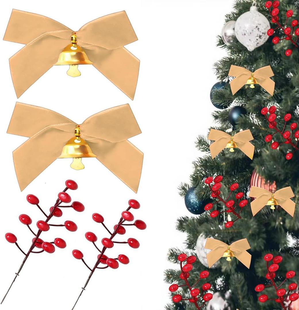 24 Pcs Velvet Bows for Christmas Tree with 12 Branch Artificial Red Berry,Vintage Velvet Ornaments Ribbon Bows for Tree Garland Wreath Xmas Decorations (Brown)