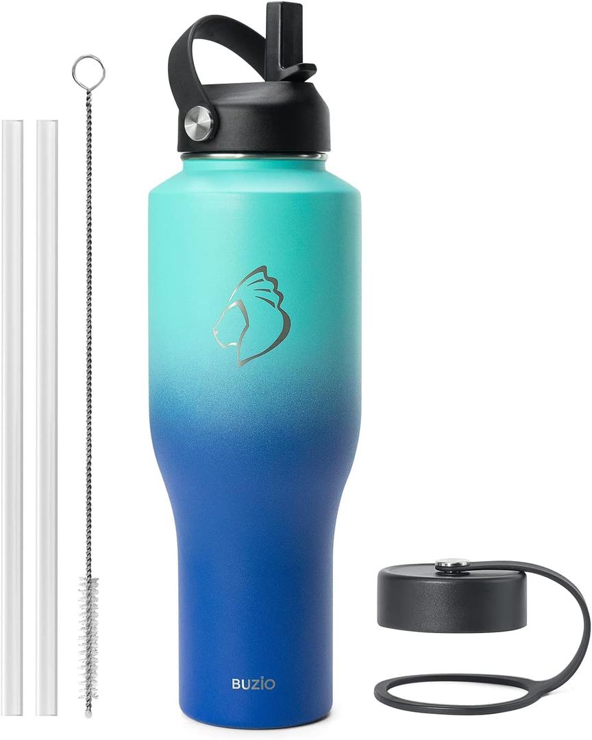 BUZIO 40 oz Insulated Tumbler with Straw and Lids, Stainless Steel Water Bottle Fits in Any Car Cup Holders, Double Wall Metal Tumbler Flask Large Capacity, Travel Cold Bottles, Leak-Proof Tumbler