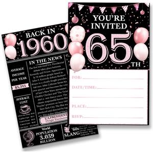 2 x 65th Birthday Party Invitations for Women Men - Back in 1960 Invites Pink 65 Year Old Birthday Invitations Set for Birthday Anniversary (20 Invitations and Envelopes)