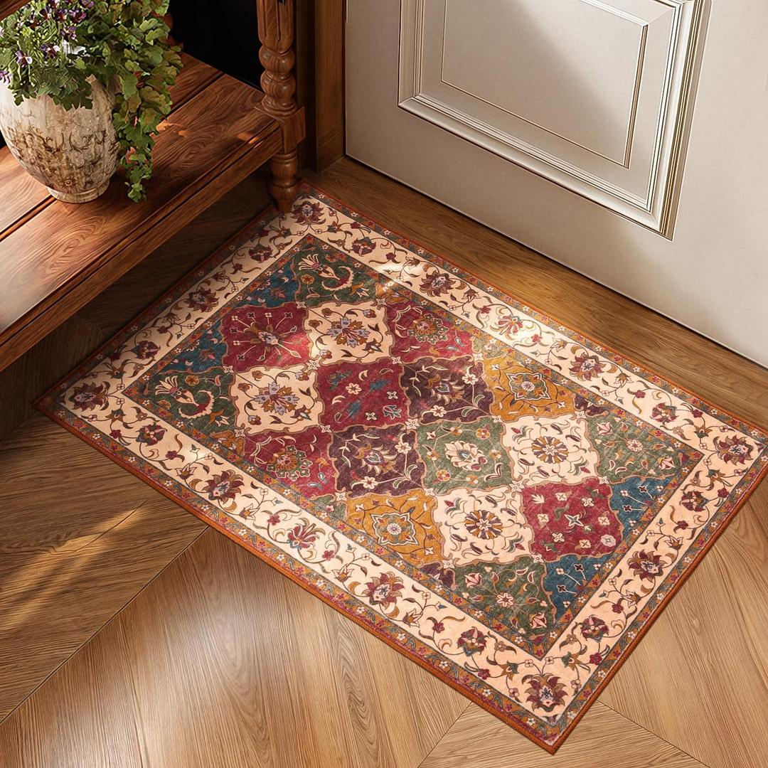 Lessymo Moroccan Washable Rugs for Entryway, Faux Wool 2x3 Small Area Rug for Kitchen Bathroom Corridor - Non-Slip Indoor Door Mat Low Plie Stain Resistant Boho Runner Rug, Classic Red and Cream