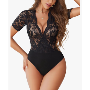 Avidlove Women Lace Bodysuit Lingerie Tops Sexy Deep V Bodysuit Tops One Piece Body Suit Short Sleeve L