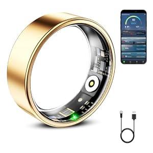Mirlray Smart Ring for Women & Men, Smart Ring Health Tracker, Blood Oxygen & Heart Rate Monitor, Long Lasting Battery Sleep Ring, Waterproof Fitness Ring (Gold, 7)