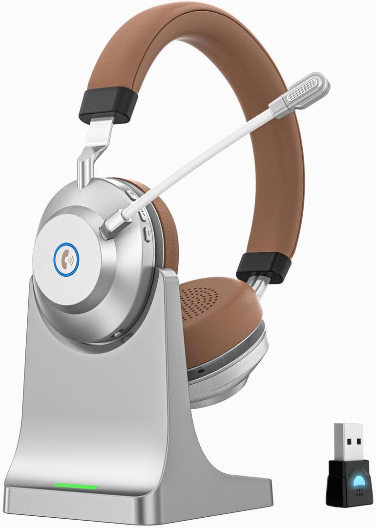 Wireless Headset with Mic for Work, Bluetooth Headset with Noise Cancelling Mic for Clear Calls, Bluetooth V5.3 Headphones with Mic Mute & USB Dongle, Charging Base for PC/Laptop/Phones/Call Center